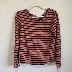 Pact Organic Cotton Striped Long Sleeve Twist Back Top Navy Orange Womens Medium